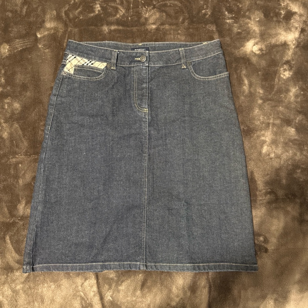 Burberry Blue Denim Skirt with Plaid Detail